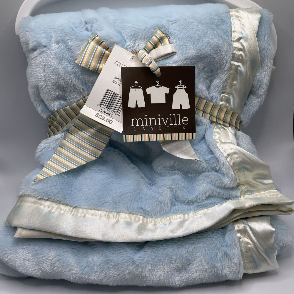 Miniville Layette Soft Blue Baby Blanket with Ivory Polkadots Satin Trim NEW